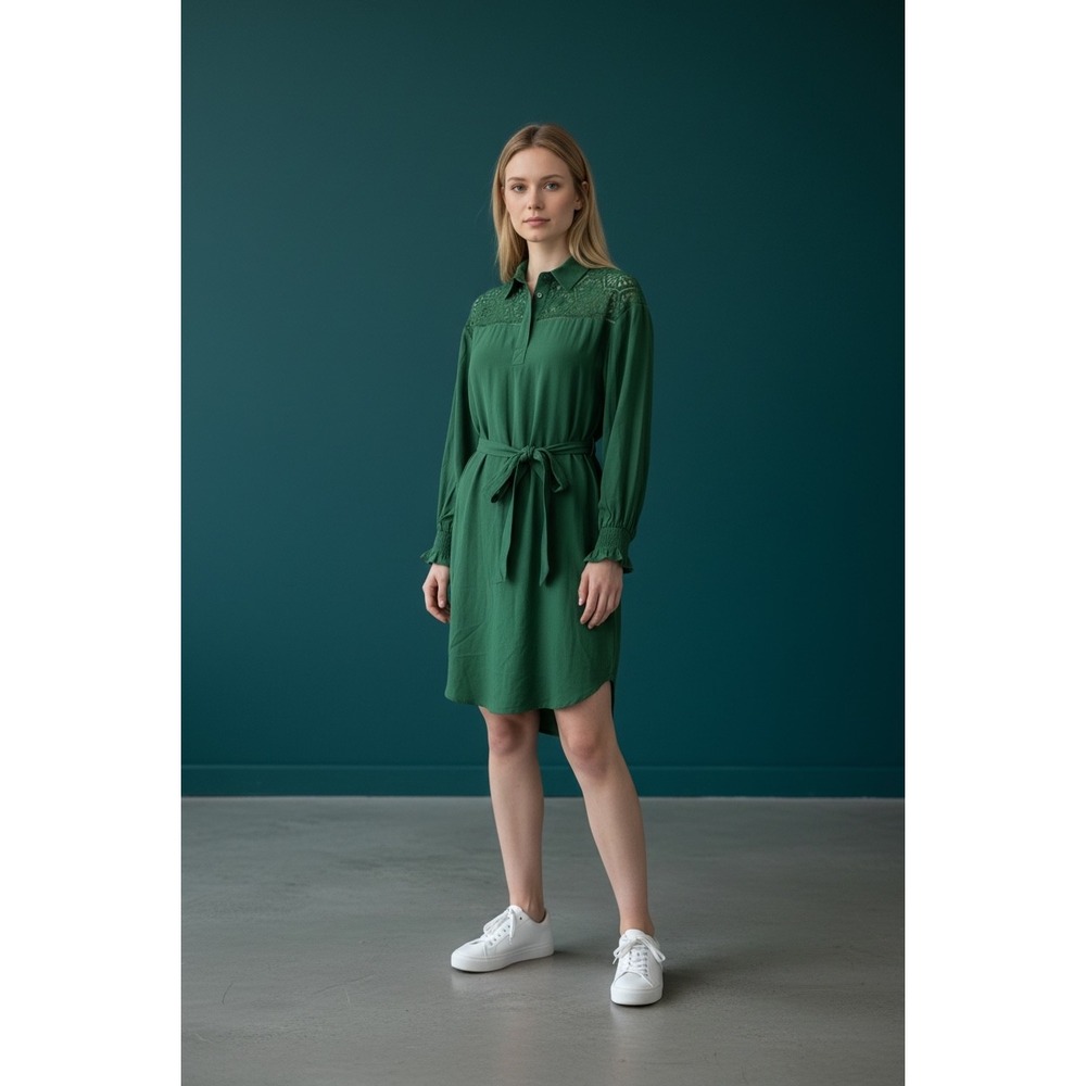 Umgee‎ USA Green Lace Crochet Button Down Shirt Dress Belted Long Sleeve S NEW